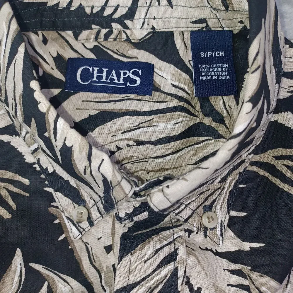CHAPS Shirt Mens S Casual Button Down Tan Black Tropical Short Sleeve Cotton NWT